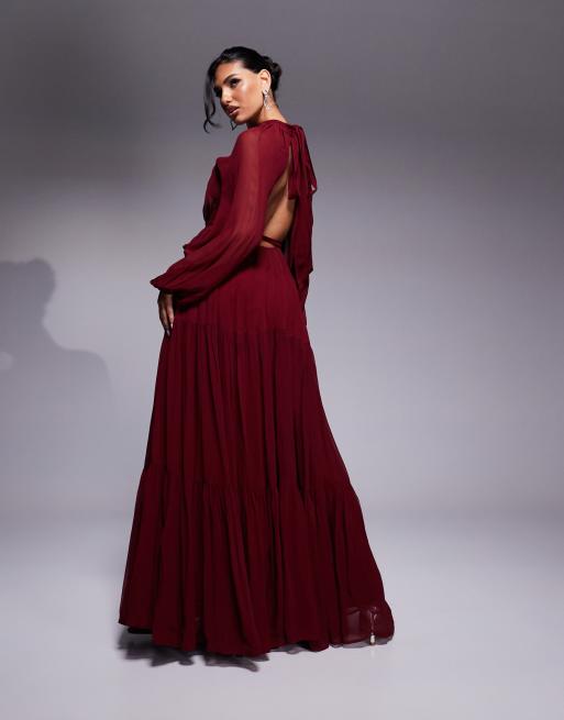 Lace & Beads - Maxi jurk met ballonmouwen en stroken in bordeauxrood, 3 van 4