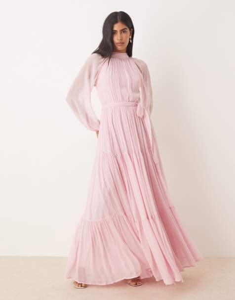 Lace & Beads - Maxi jurk met ballonmouwen en stroken in lichtroze - view 1