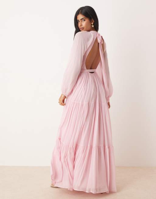 Lace & Beads - Maxi jurk met ballonmouwen en stroken in lichtroze, 2 van 4