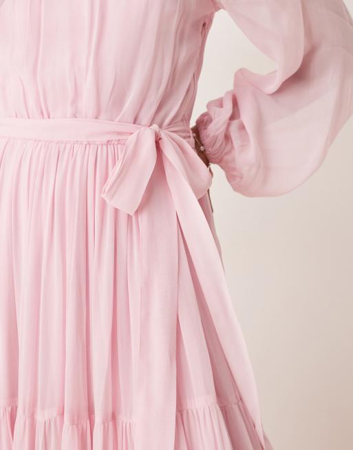 Lace & Beads - Maxi jurk met ballonmouwen en stroken in lichtroze, 3 van 4