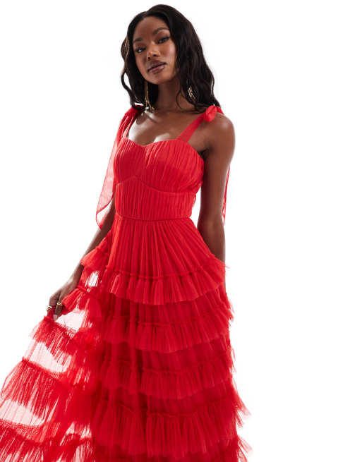 Lace Beads Maxi jurk met empirelijn en ruches in rood ASOS