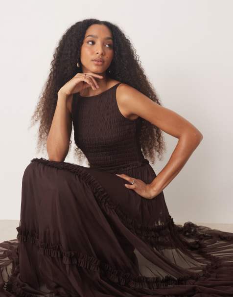 Lace & Beads - Maxi jurk met gesmokt lijfje in chocoladebruin-paars - view 1