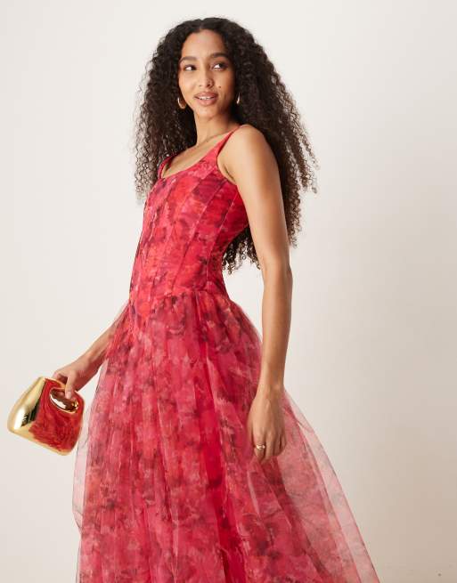 Lace & Beads - Maxi-jurk met korset en druppelzoom in roze en roodroze, 2 van 4
