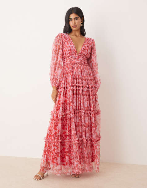 Lace & Beads - Maxi jurk met lange mouwen en bloemenprint in rood en roze - view 1