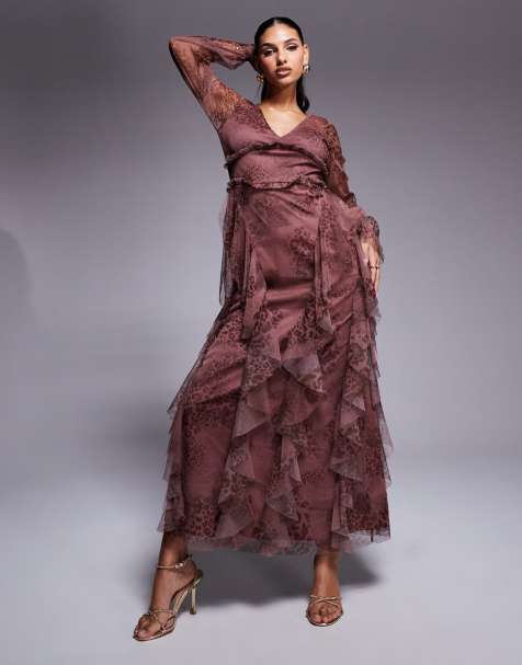 Lace & Beads - Maxi jurk met lange mouwen, ruches en dierenprint in bruin - view 1