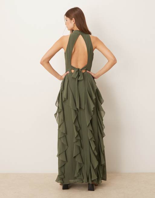 Lace & Beads - Maxi-jurk met open rug en ruches in zwart, 3 van 4