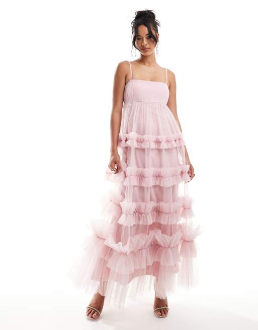 Lace & Beads - Maxi jurk met ruches en empirelijn in babyroze