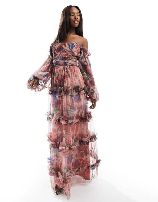 Lace & Beads - Maxi-jurk met ruches en mouwen van doorschijnende tule in roze bloemenprint