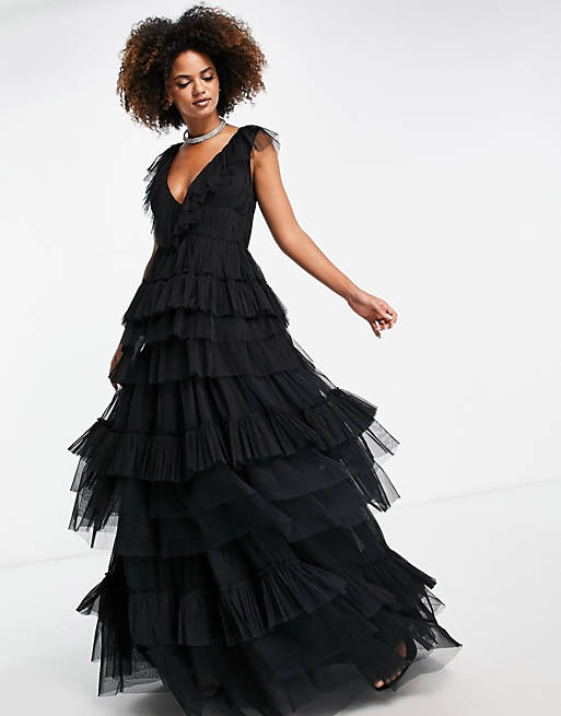smog Rood Discrimineren Lace & Beads - Maxi jurk met tule in laagjes in zwart | ASOS