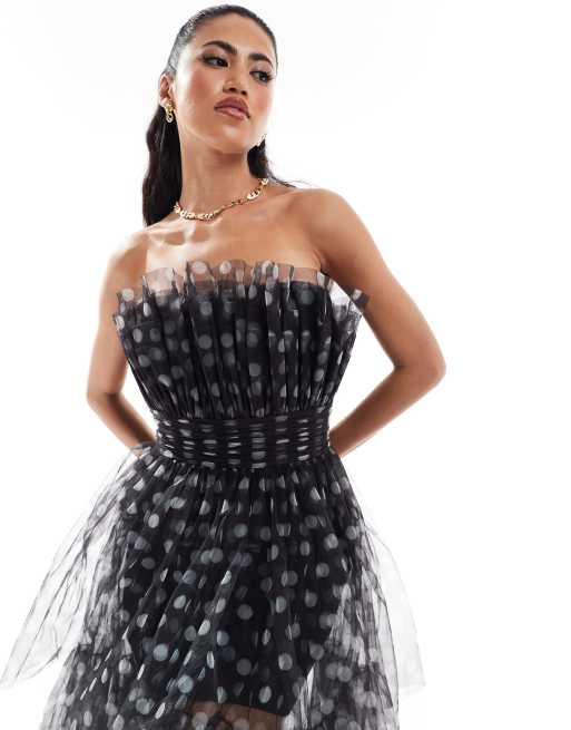 Lace & Beads - Maxi jurk van tule in zwart met stippen, 2 van 4