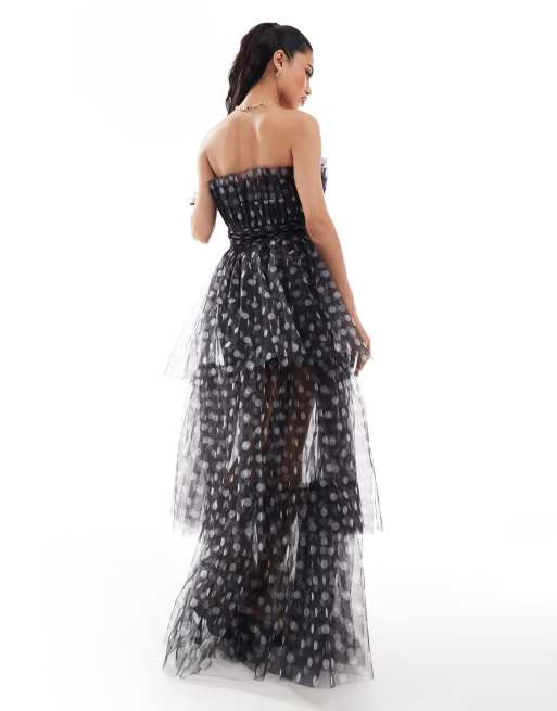 Lace & Beads - Maxi jurk van tule in zwart met stippen, 3 van 4