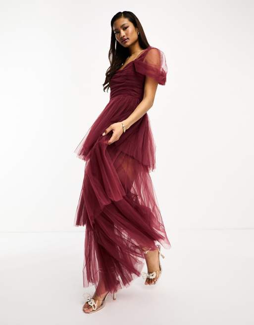 Lace & Beads - Maxi-jurk van tule met asymmetrische zoom in donker rood, 2 van 4