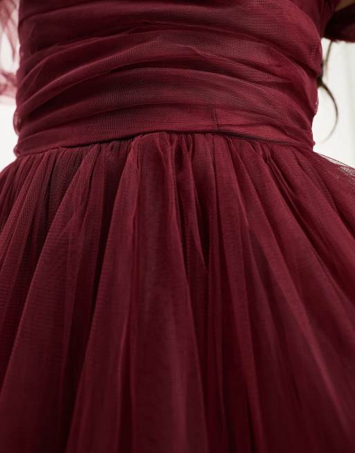 Lace & Beads - Maxi-jurk van tule met asymmetrische zoom in donker rood, 3 van 4
