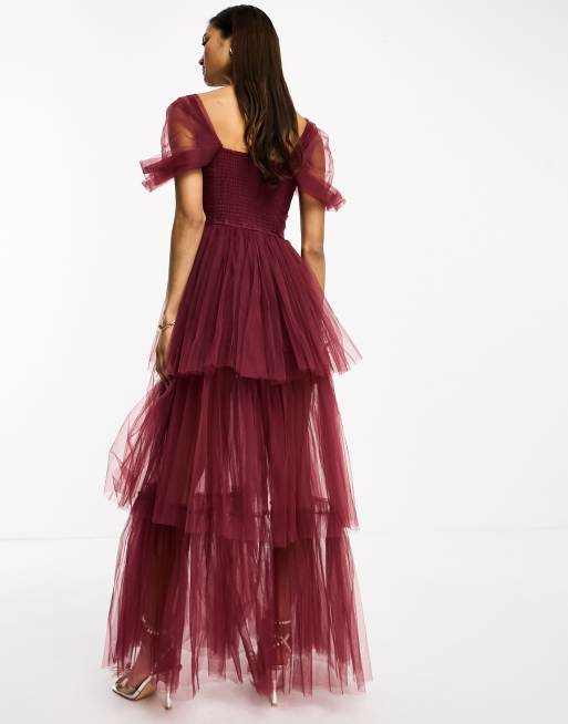 Lace & Beads - Maxi-jurk van tule met asymmetrische zoom in donker rood, 4 van 4