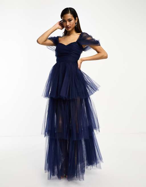 Lace & Beads - Maxi-jurk van tule met asymmetrische zoom in galactic kobalt, 4 van 4