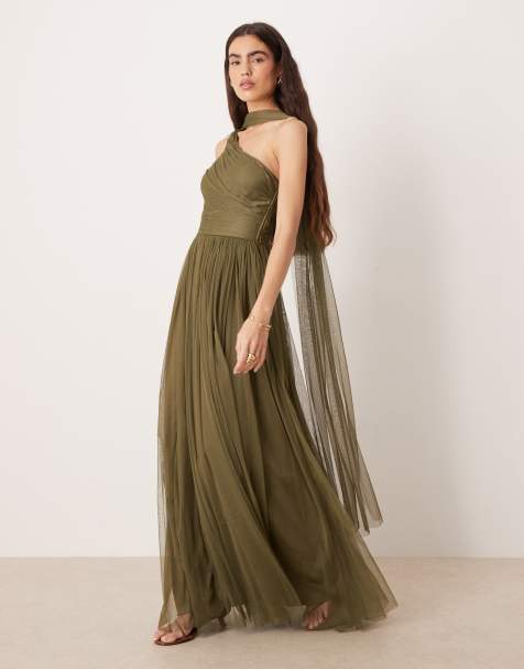 Lace & Beads - Maxi jurk van tule met blote schouder en sjaalhals in olijfgroen - view 1