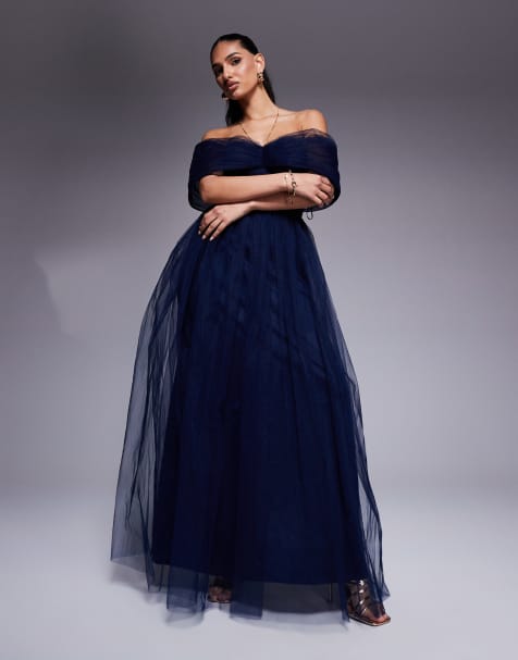 Lace & Beads - Maxi-jurk van tule met blote schouders in de vorm van een strik in marineblauw - view 1
