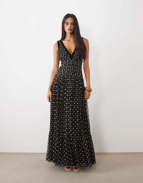 Lace & Beads maxi jurk van tule met fluwelen bies, diepe hals en lagen in zwart met polkadot - view 1