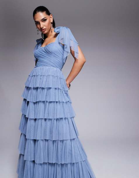 Lace & Beads - Maxi jurk van tule met gestrikte schouders en stroken in oudblauw - view 1