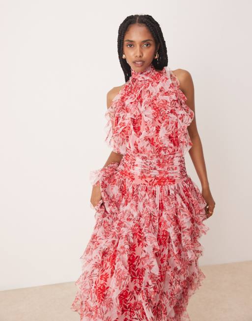 Lace & Beads - Maxi jurk van tule met open achterkant, ruches en bloemenprint in rood, 2 van 4