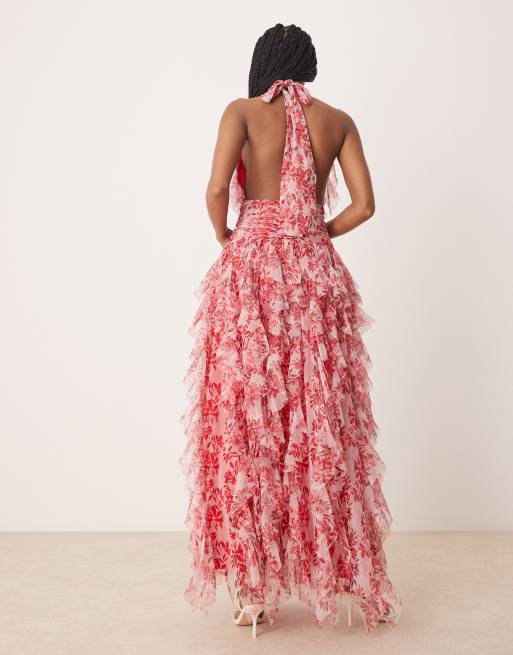 Lace & Beads - Maxi jurk van tule met open achterkant, ruches en bloemenprint in rood, 3 van 4