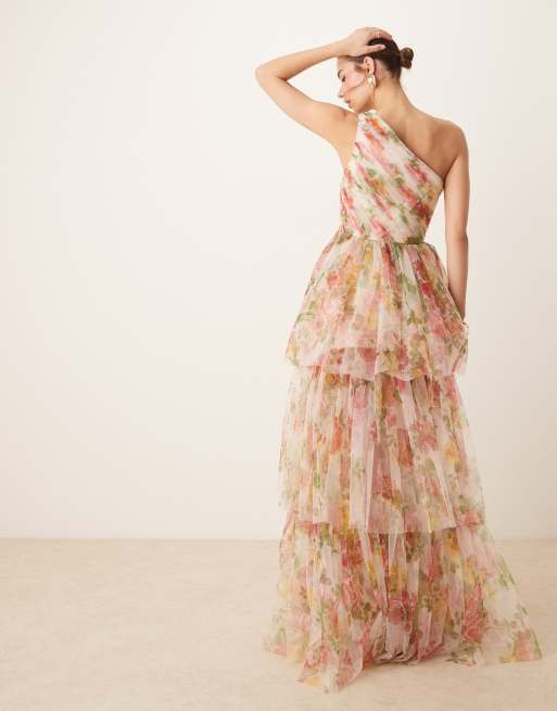 Lace & Beads - Maxi-jurk van tule met stroken en blote schouder in lichte bloemenprint, 2 van 4