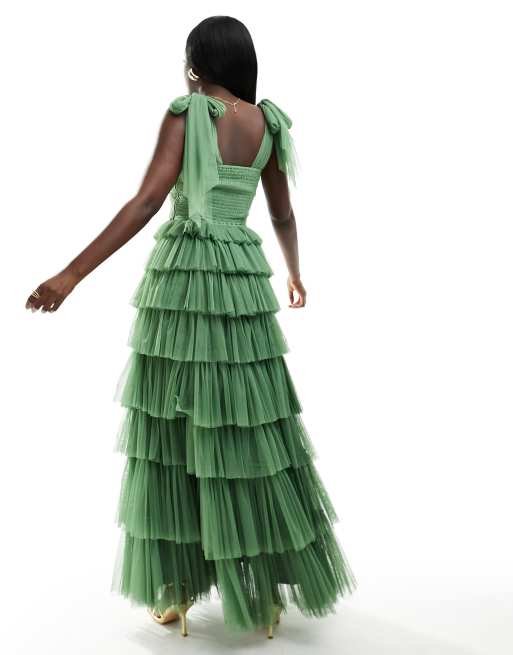 Lace & Beads - Maxi jurk van tule met stroken en gestrikte schouders in olijfgroen, 3 van 4