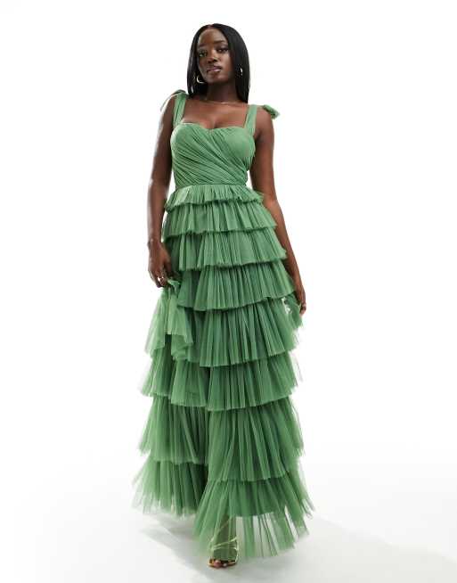 Lace & Beads - Maxi jurk van tule met stroken en gestrikte schouders in olijfgroen, 4 van 4