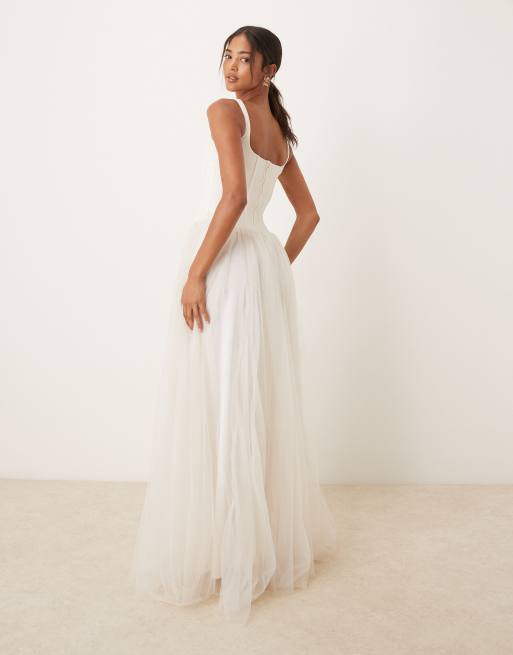 Lace & Beads - Maxi korsetjurk met verlaagde zoom in ivoorwit, 3 van 4