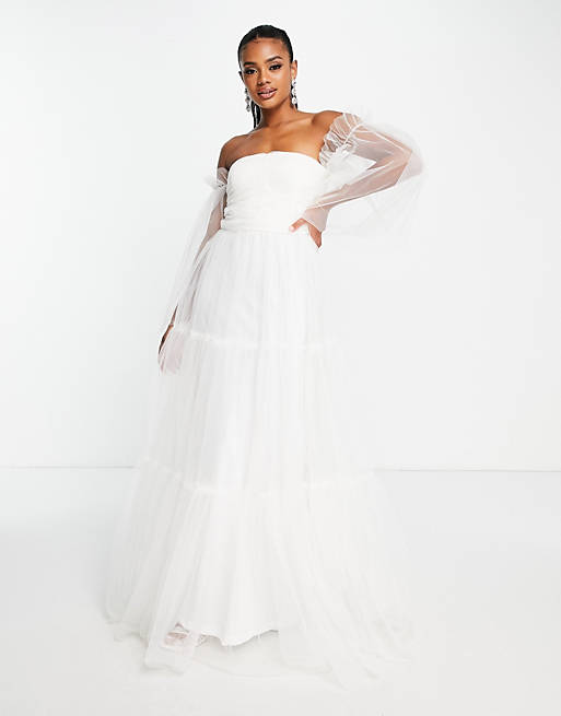 Lace & Beads maxi off shoulder tulle dress in white