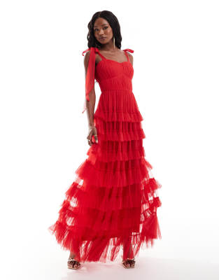 Lace & Beads - Maxikleid in Rot mit Rüschen und Empire-Taille