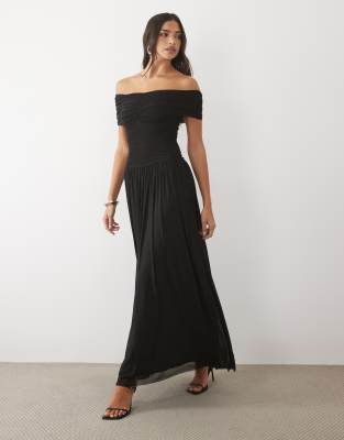 Lace & Beads Mesh Off Shoulder Shirred Waist Maxi Dress In Black
