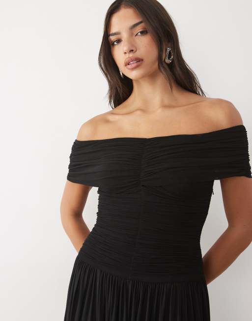 Lace & Beads mesh off shoulder shirred waist maxi dress in black, 3 of 4