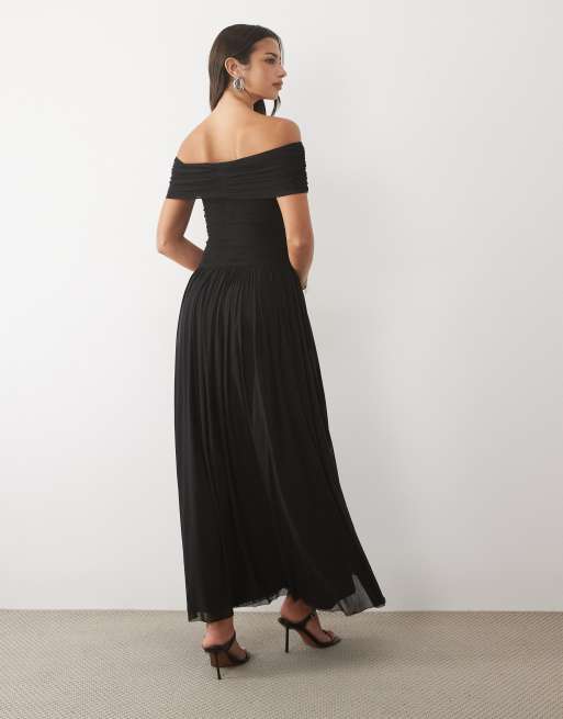 Lace & Beads mesh off shoulder shirred waist maxi dress in black, 4 of 4