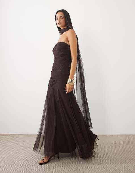 Lace & Beads mesh strapless ruched scarf detail maxi dress in chocolate plum - view 1