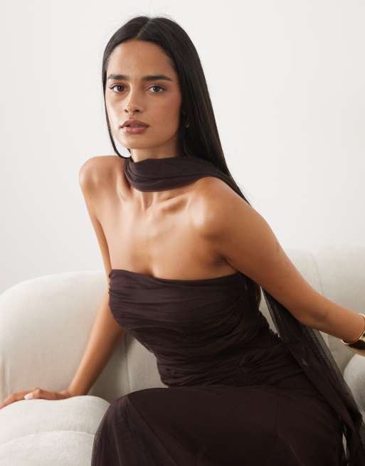 Lace & Beads mesh strapless ruched scarf detail maxi dress in chocolate plum, 3 of 4