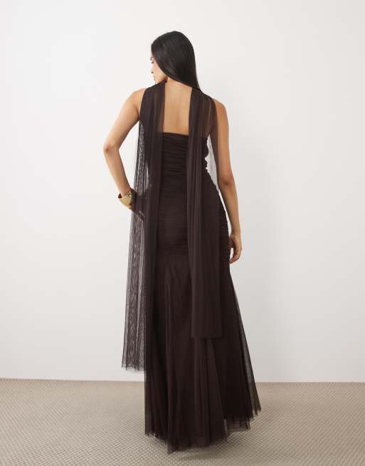 Lace & Beads mesh strapless ruched scarf detail maxi dress in chocolate plum, 4 of 4