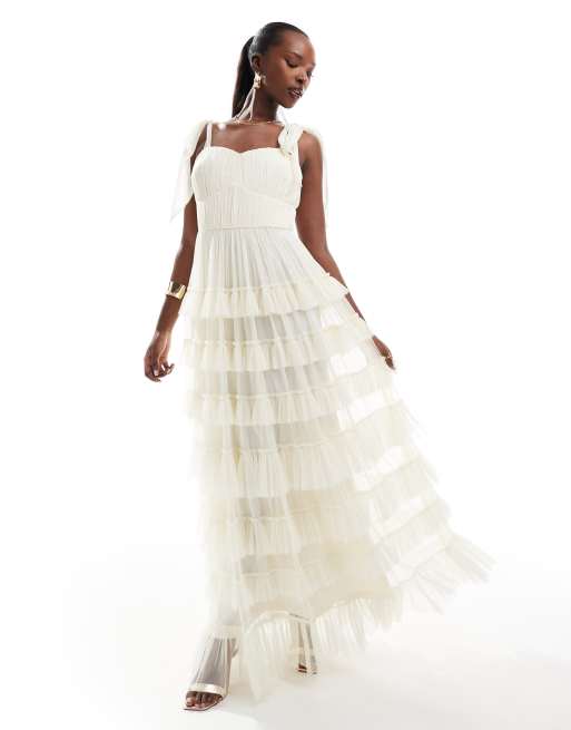 Lace & Beads - Midaxi jurk met strikjes en ruches in vintage crème
