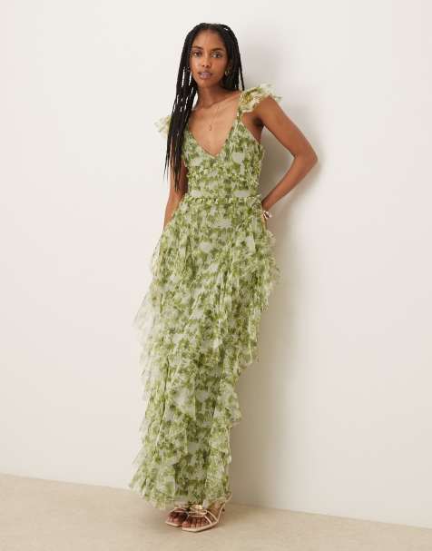 Lace & Beads - Midaxi jurk van tule met ruches en olijfgroene bloemenprint - view 1