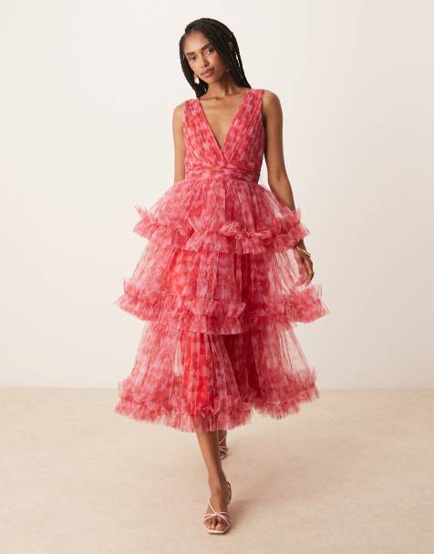 Lace & Beads - Midaxi jurk van tule met ruches in rood en roze bloemenprint - view 1