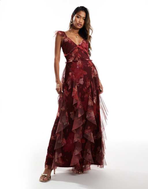 Lace & Beads - Midaxi jurk van tule met ruches in rood met bloemenprint