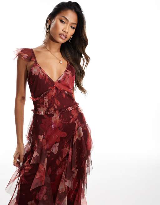 Lace & Beads - Midaxi jurk van tule met ruches in rood met bloemenprint, 2 van 4