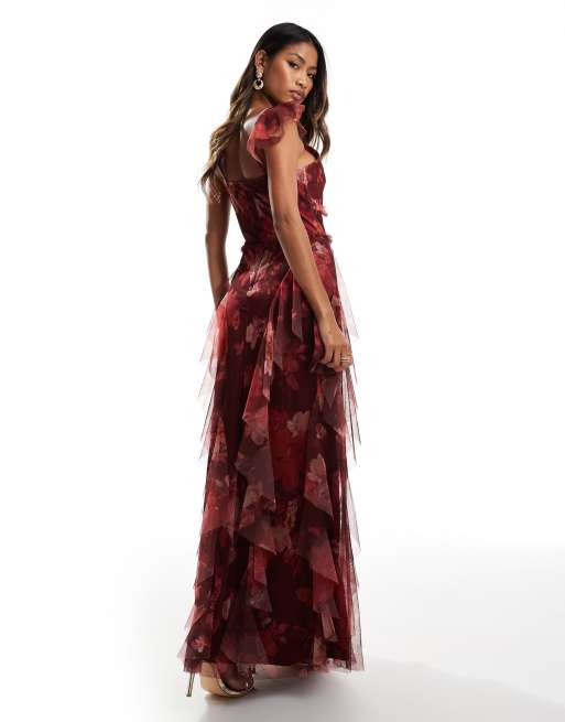 Lace & Beads - Midaxi jurk van tule met ruches in rood met bloemenprint, 4 van 4