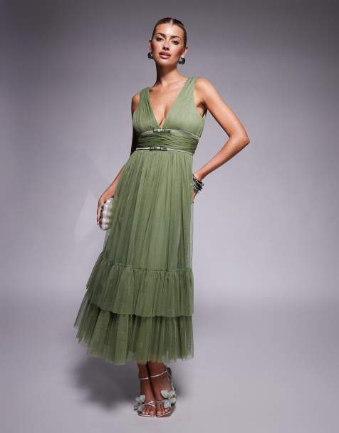 Lace & Beads - Midaxi jurk van tule met strikjes aan de taille en stroken in zacht olijfgroen - view 1