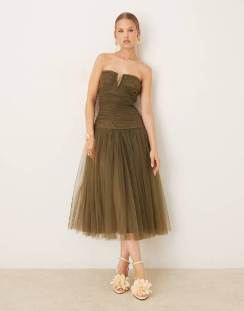 Lace & Beads - Midaxi jurk van tule met verlaagde zoom in olijfgroen - view 1