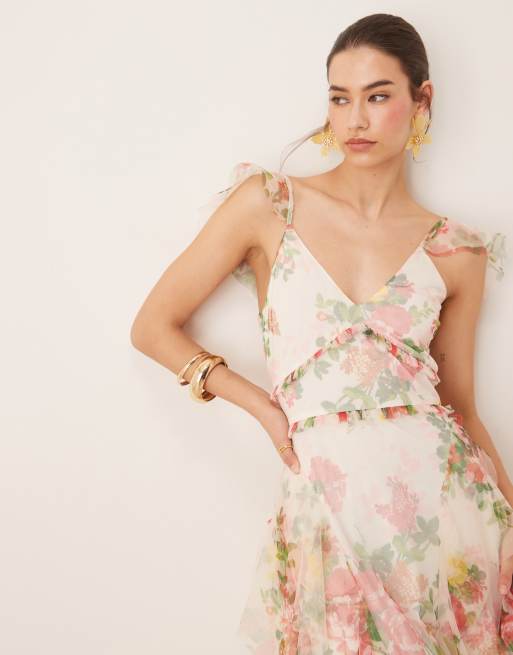 Lace & Beads - Midaxi-kjole med flæser og farverigt blomstermønster i tyl, 2 af 4