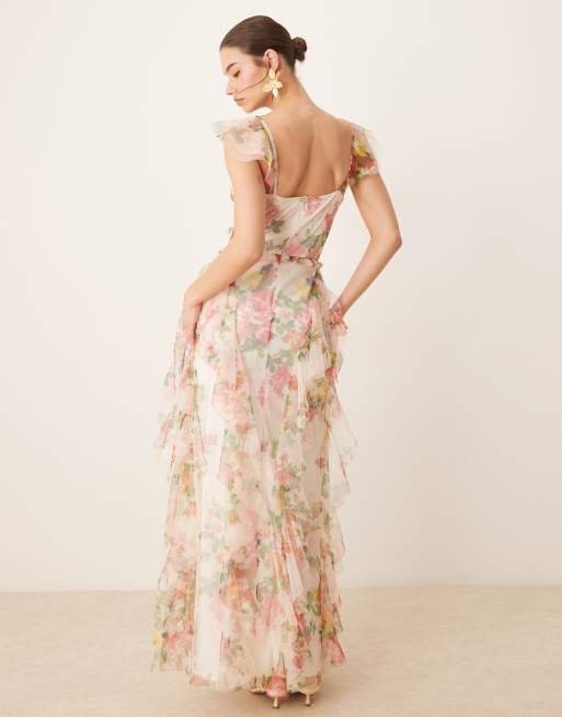 Lace & Beads - Midaxi-kjole med flæser og farverigt blomstermønster i tyl, 3 af 4
