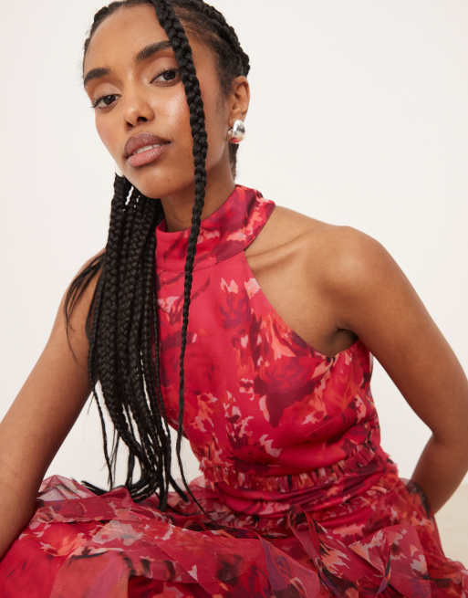 Lace & Beads - Midaxi-kjole med halterneck, flæser og stort blomstermønster i rød, 2 af 4