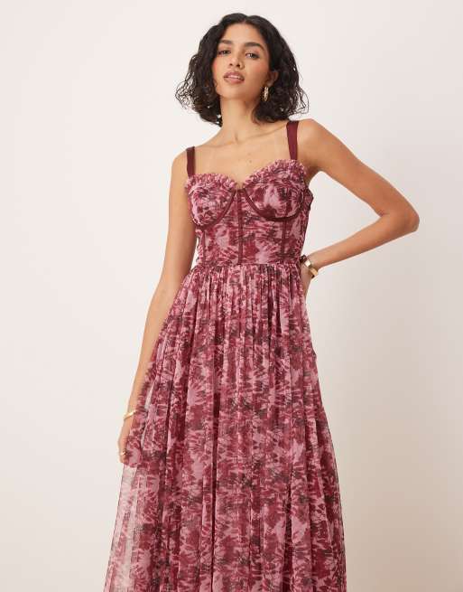 Lace & Beads - Midaxi korsetjurk van tule met roze bloemen, 3 van 4