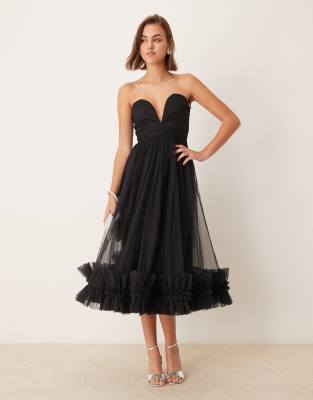 Lace & Beads - Midaxikleid aus Tüll in Schwarz mit Korsett-Teil und Rüschenrand